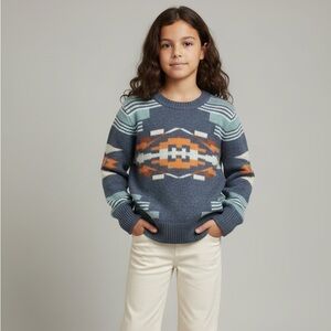Pendleton 100%Merino Wool Blue and Orange Crew Neck Sweater Southwestern Youth M